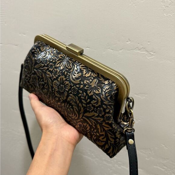 Handmade Floral  Embossed Cowhide Push Lock Clutch, Shoulder Bag, Crossbody - Picture 12 of 16